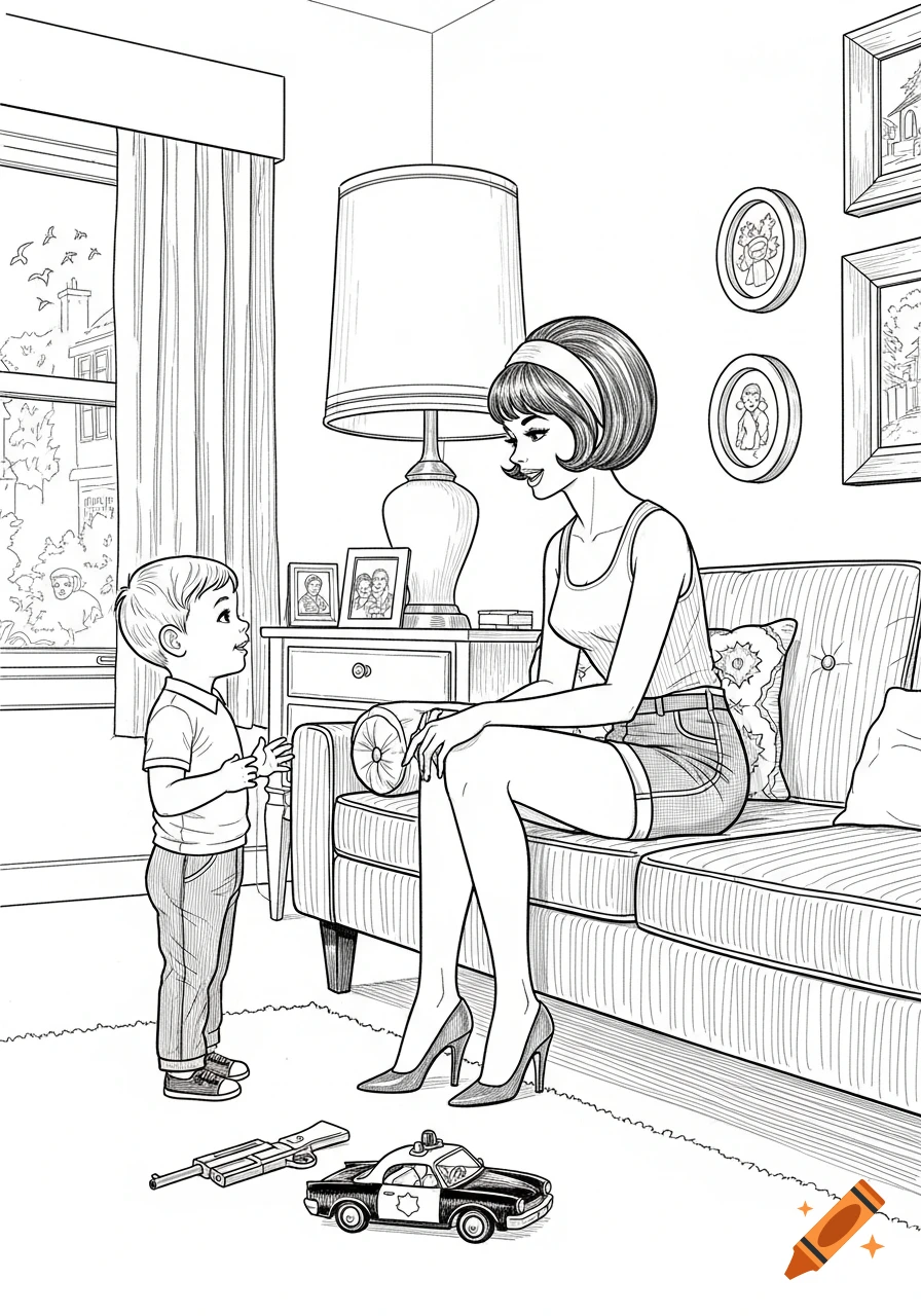 Black and white line drawing of a 1960s woman in shorts and a tank top sitting on a couch, listening to a boy standing nearby in a living room with toys.