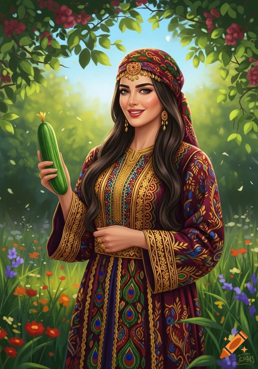 A smiling woman in vibrant, traditional attire with a patterned headscarf holds a cucumber in a lush, blooming garden.