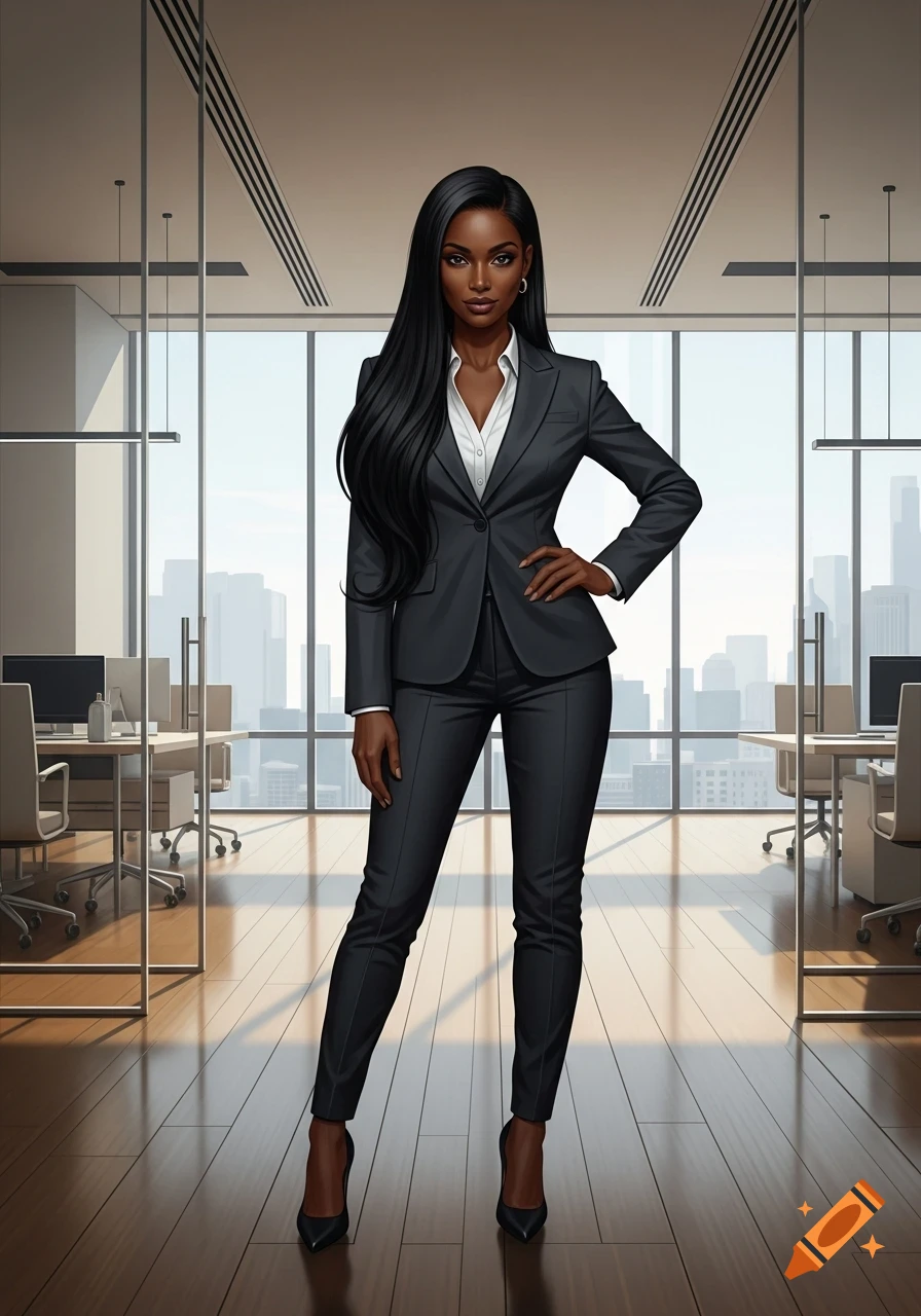 A professional Black woman with long black hair, wearing a dark grey pant suit, stands confidently in a modern office with a city view. Illustrated.