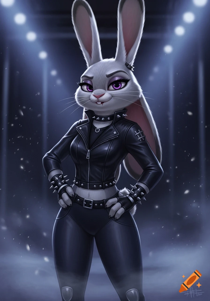 An anthro female rabbit in leather goth clothing and makeup stands under spotlights, looking confident.