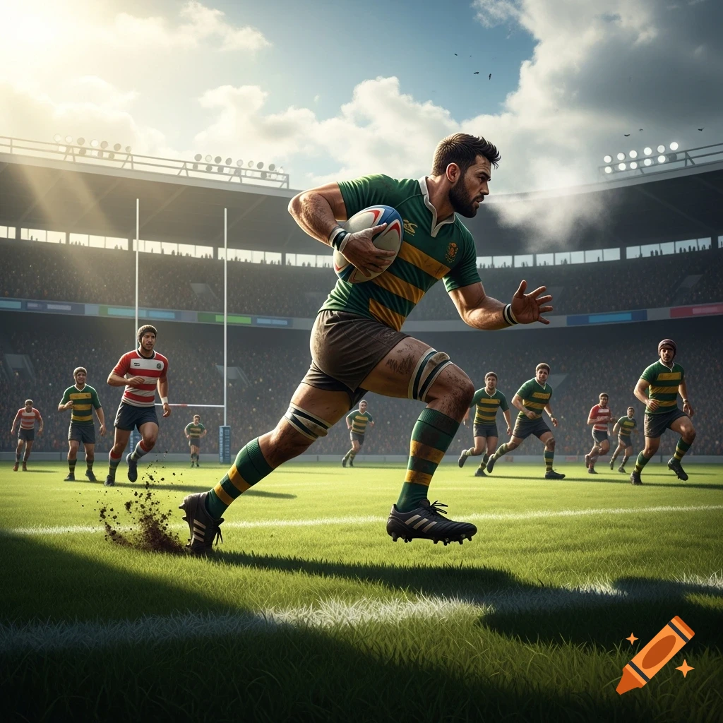 A rugby player in a green and gold uniform runs with the ball on a grass field, kicked-up dirt behind him, with other players and a stadium crowd in the background under a bright sky.
