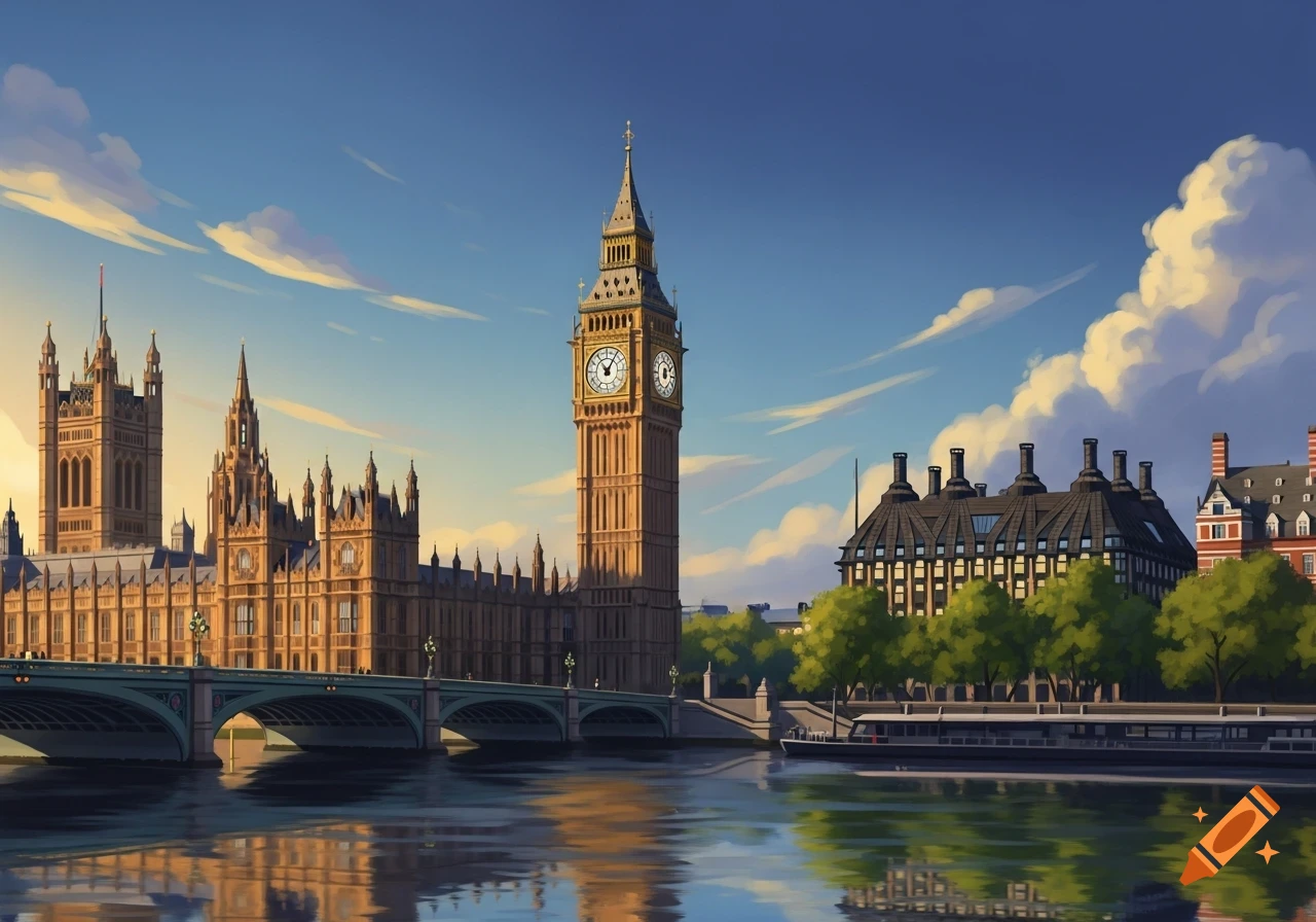 A stylized illustration of Big Ben and the Houses of Parliament by the Thames River under a blue sky with clouds.