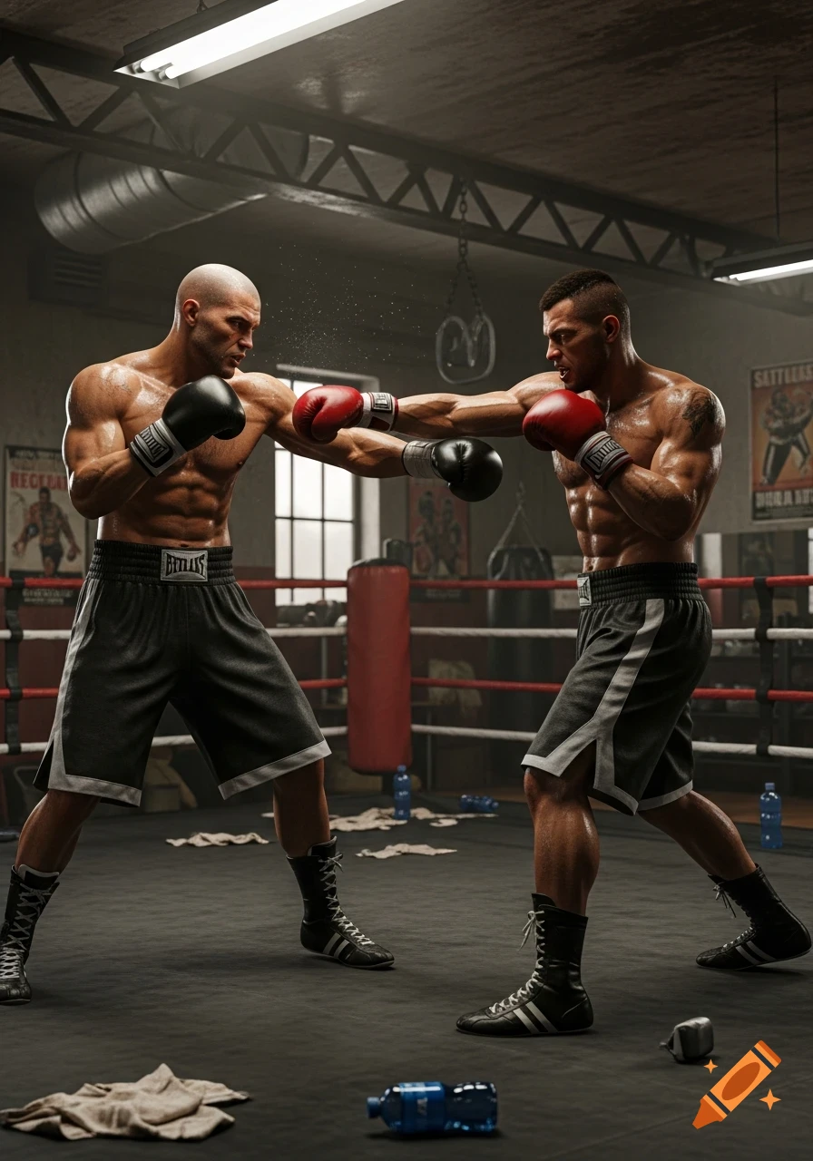 Two muscular boxers exchange punches in a dimly lit, grungy boxing gym, depicted in a photorealistic style.