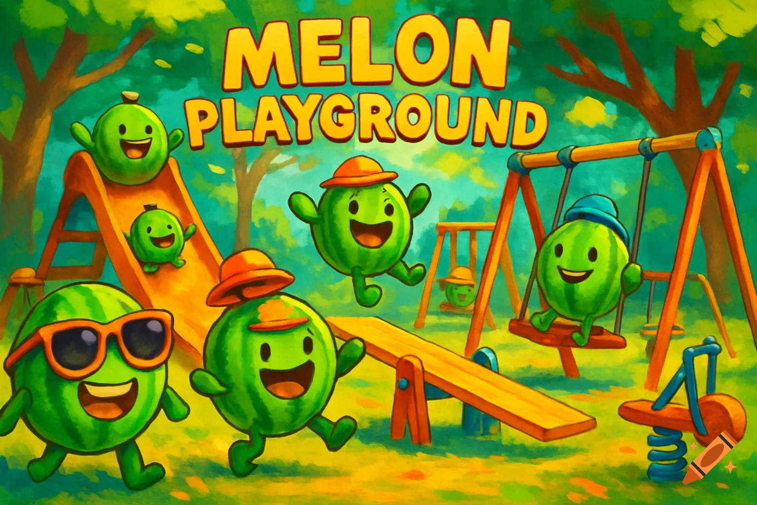 Cartoon watermelons playing on a slide, swings, and seesaw in a vibrant playground, with text 'MELON PLAYGROUND'.