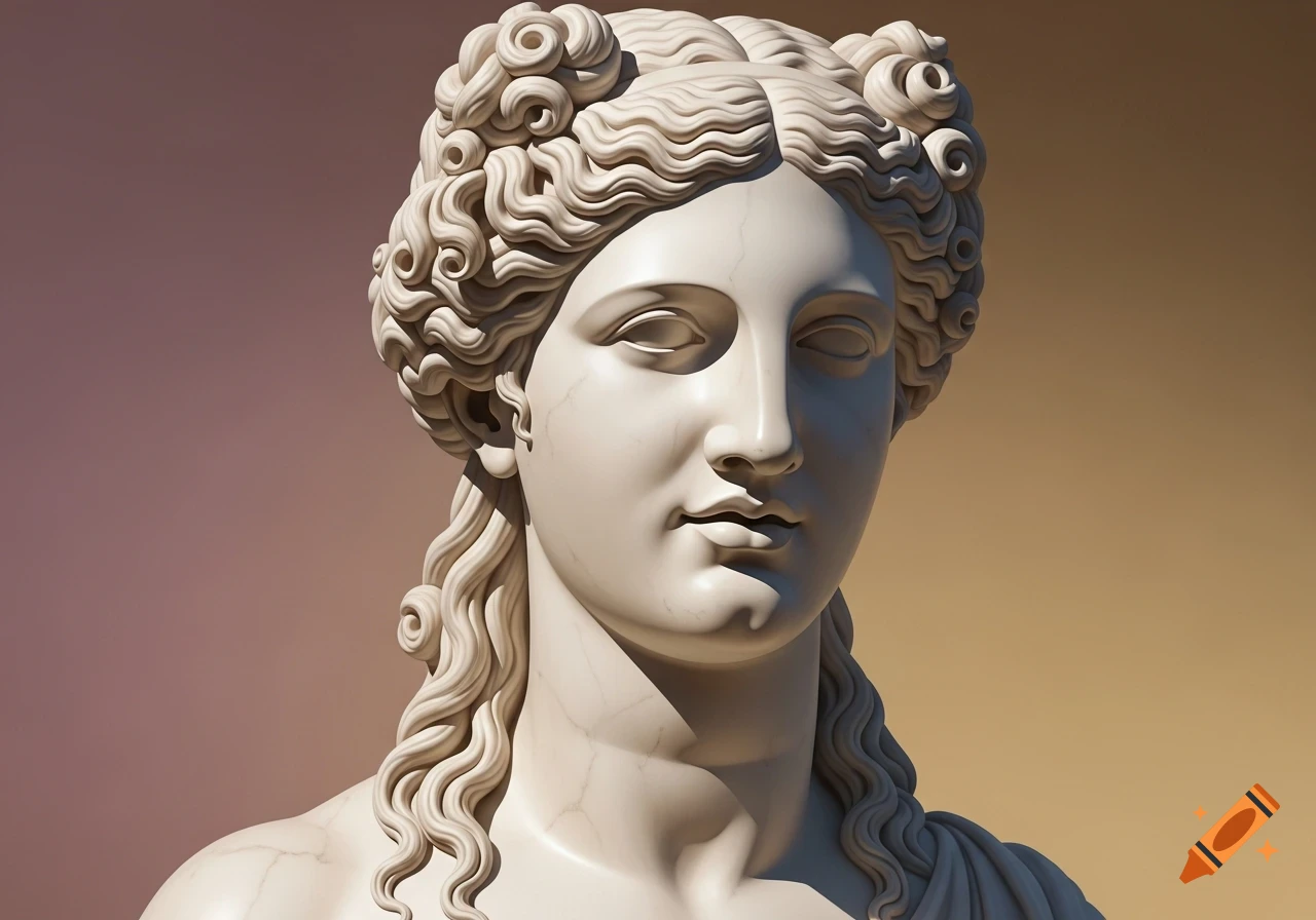 A close-up of a white marble female bust with intricately sculpted curly hair, in the style of classical Greek sculpture, against a warm gradient background.