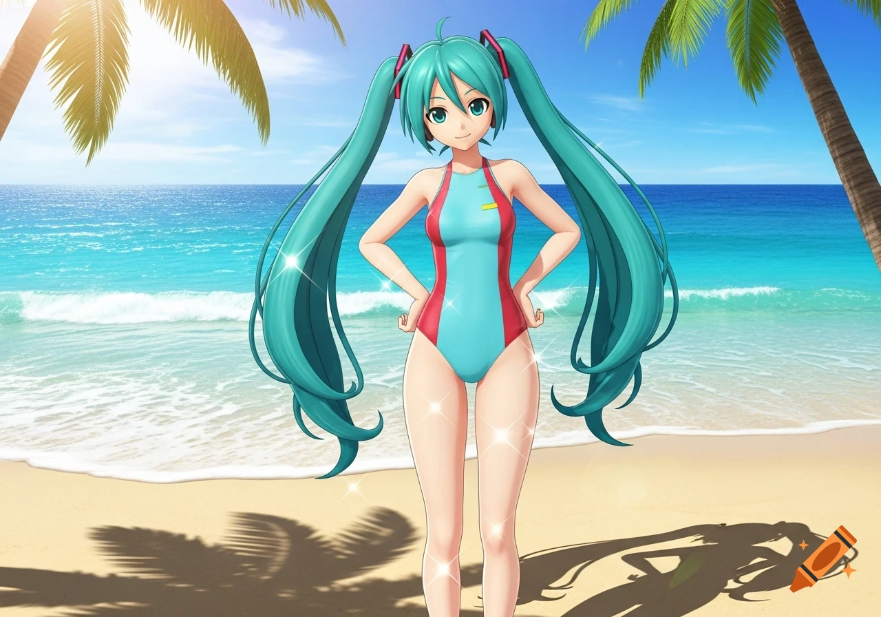 Hatsune Miku in a red and light blue swimsuit stands on a sunny beach with palm trees and the ocean, in 3D anime style.