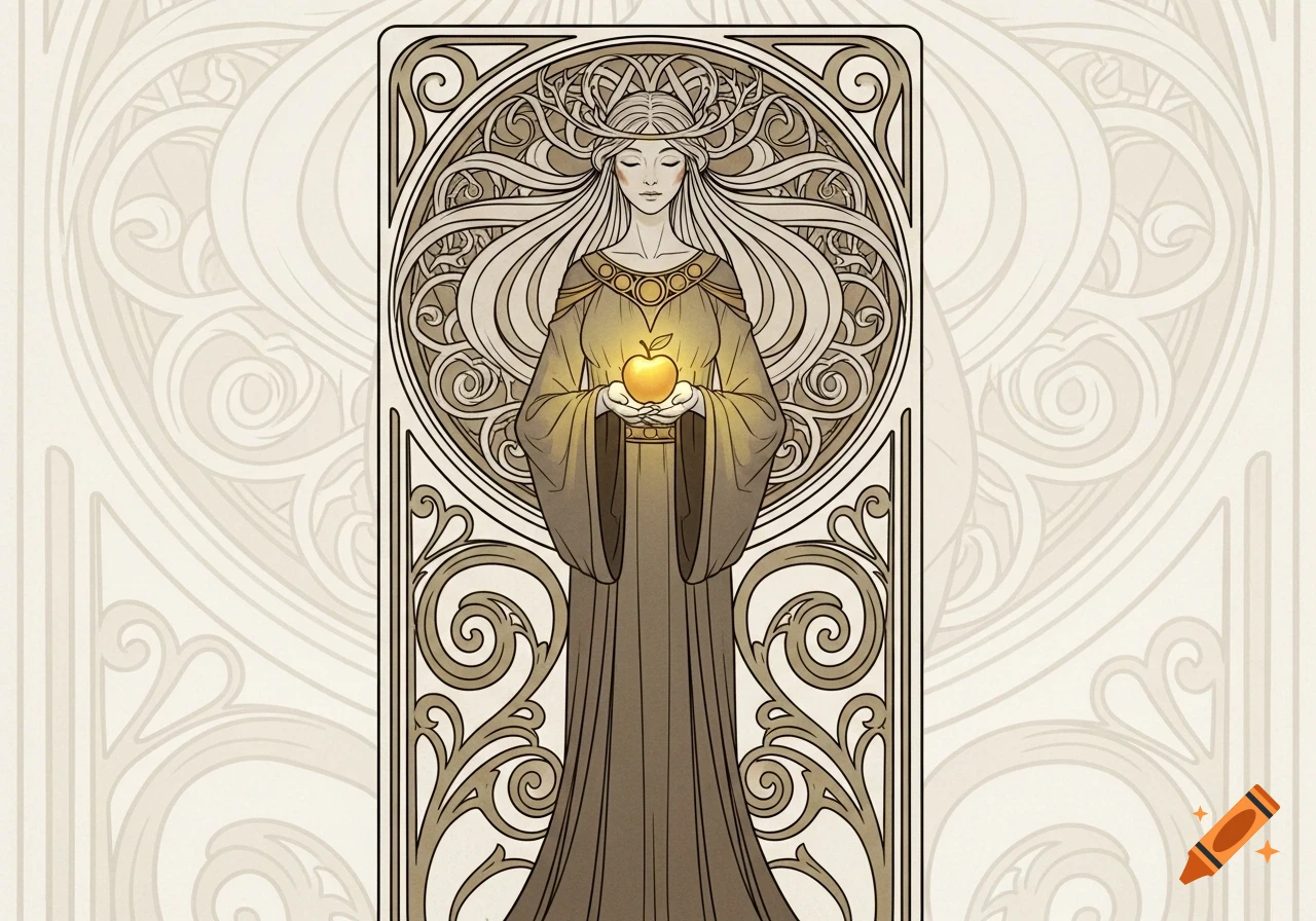 Art Nouveau illustration of a goddess-like woman with long hair and antler crown, holding a glowing golden apple, framed by intricate patterns.
