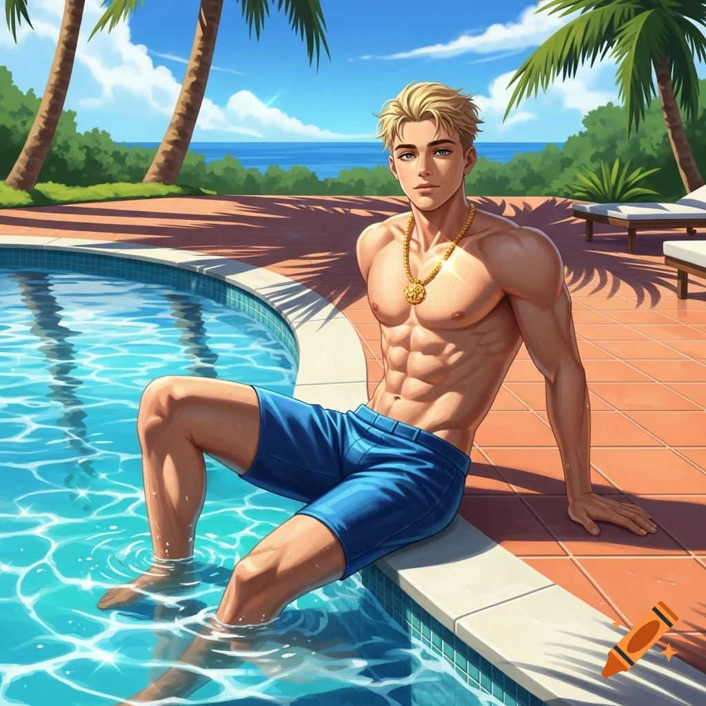 A fit, blond-haired anime man in blue swim trunks and a golden necklace sits on a pool edge with a beach background.
