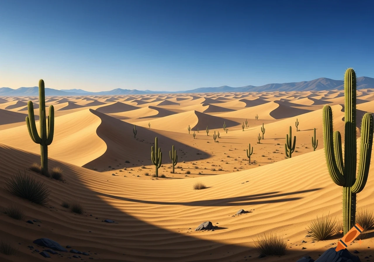 A vast desert landscape with numerous sand dunes and saguaro cacti ...