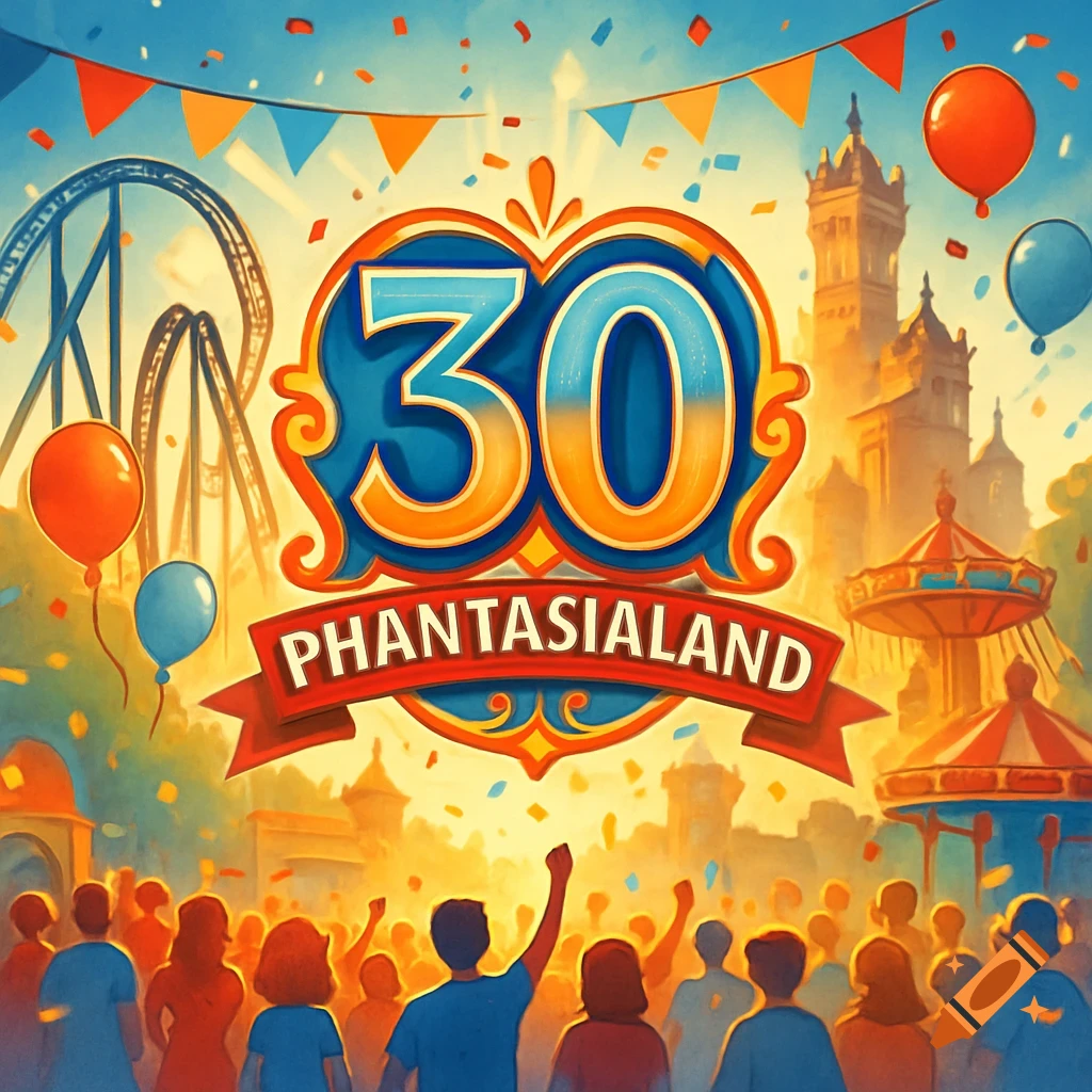 Colorful illustration of an amusement park scene with a large '30 PHANTASIALAND' logo, roller coasters, and a crowd celebrating.