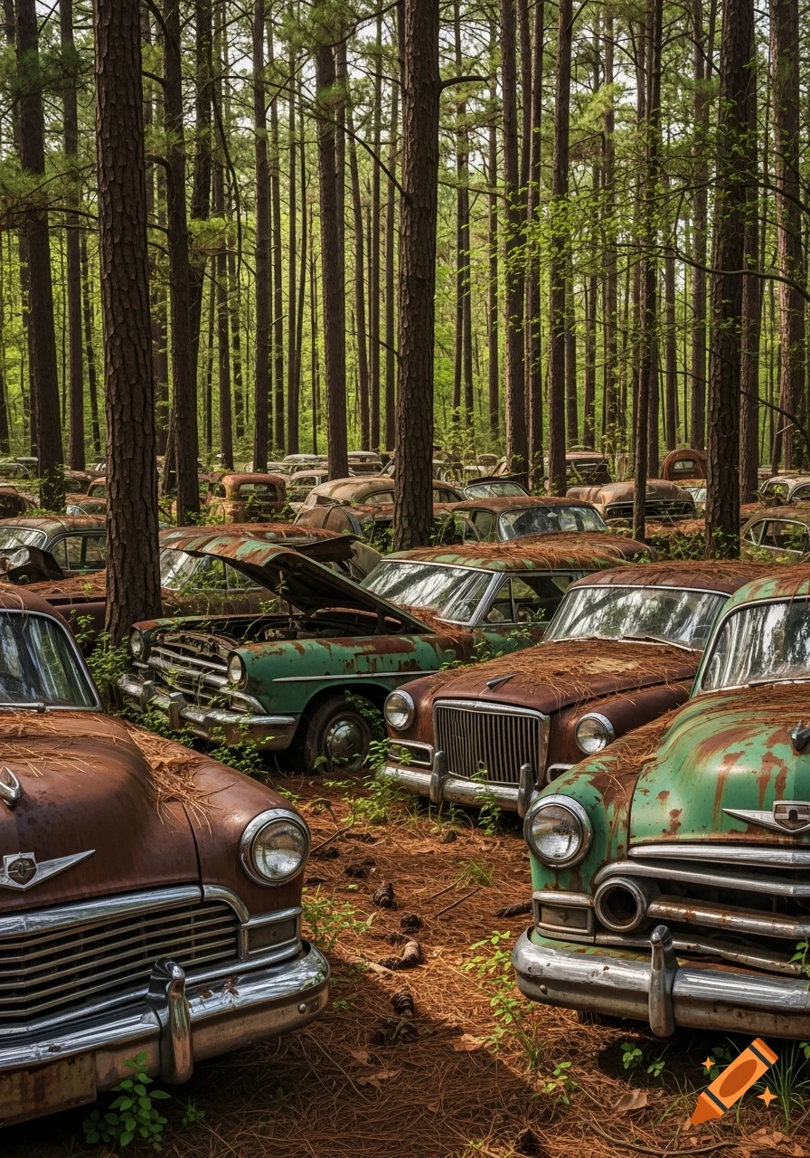 Many old, rusty cars abandoned and overgrown in a dense pine forest, photorealistic.