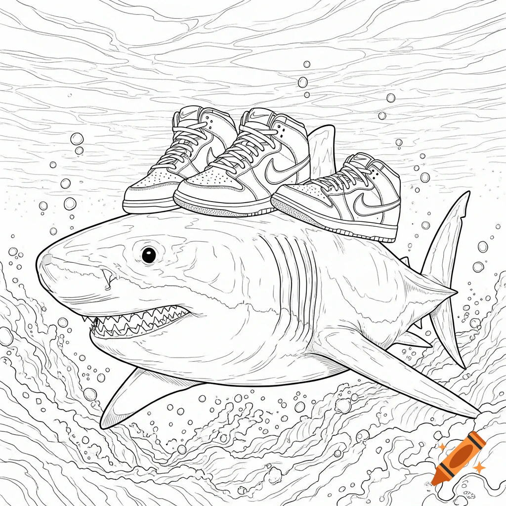 A black and white coloring page illustration of a shark swimming underwater with three Nike high-top sneakers on its back.