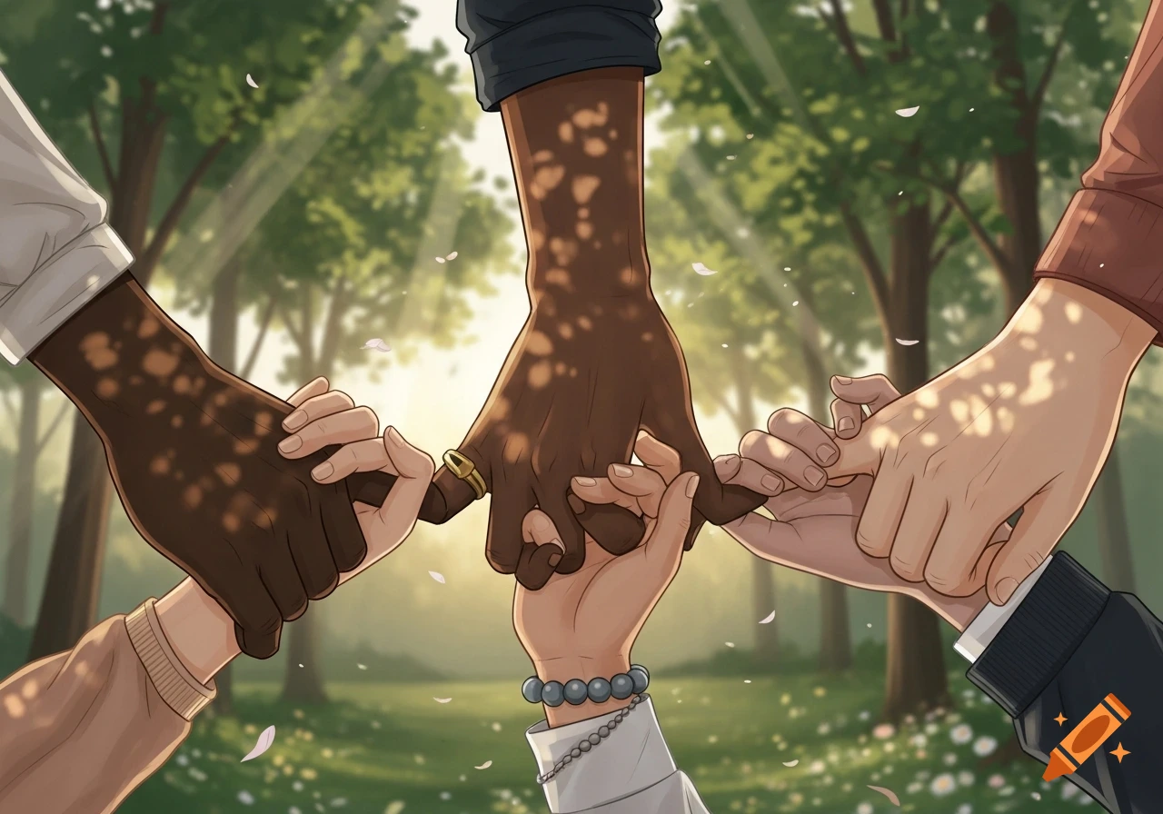 Close-up illustration of several hands of different skin tones, including an adult's and a child's, forming a circle of pinky promises and hand-holding in a sunlit park with trees and falling petals.