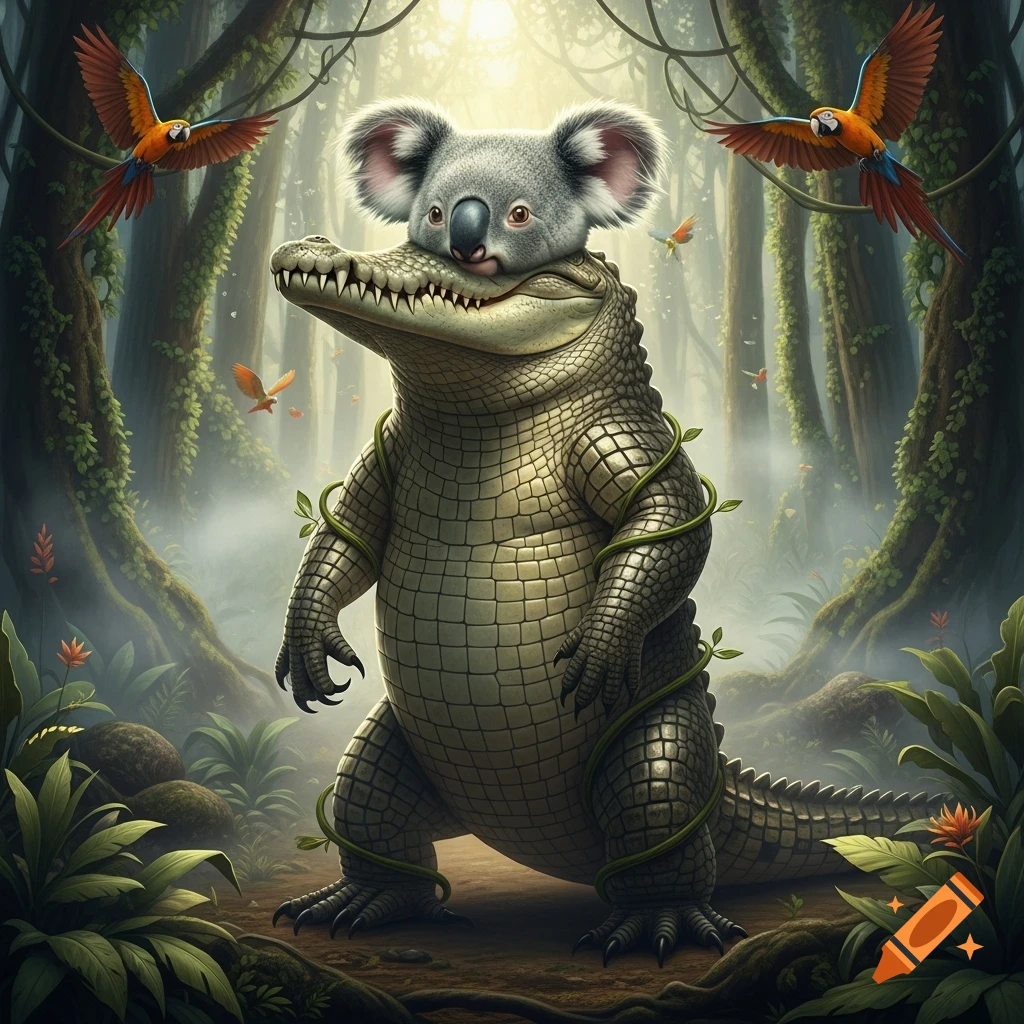 A whimsical bipedal creature with a koala head and a crocodile body stands in a lush, misty jungle with two parrots flying.
