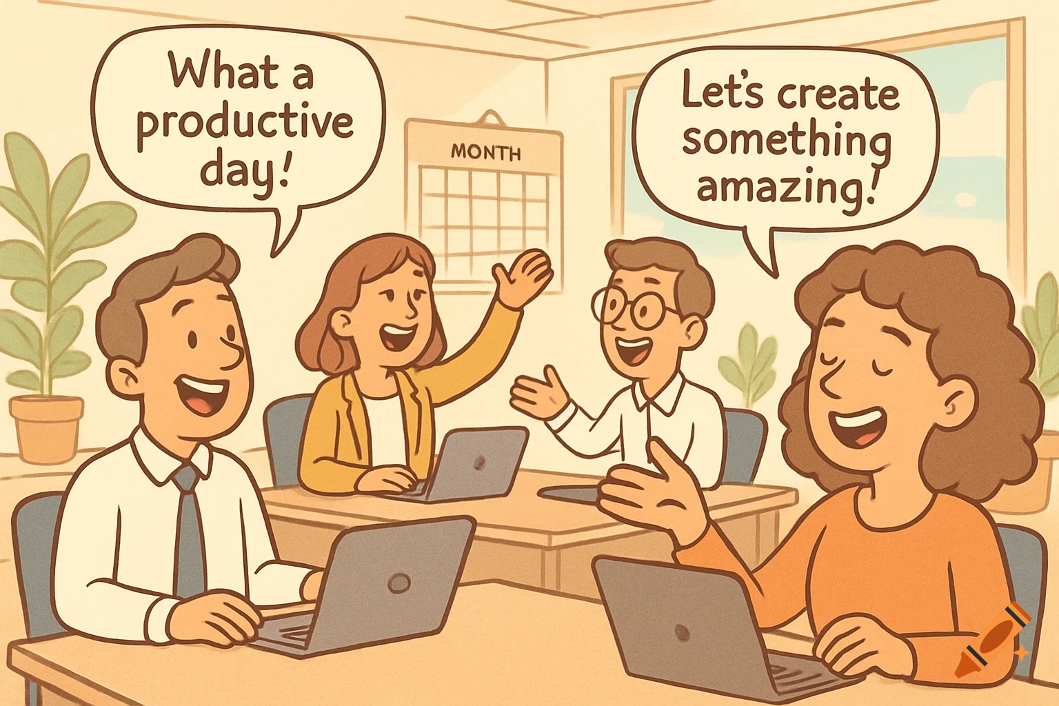 Cartoon of four happy office workers with laptops and speech bubbles in a cheerful, productive office setting.