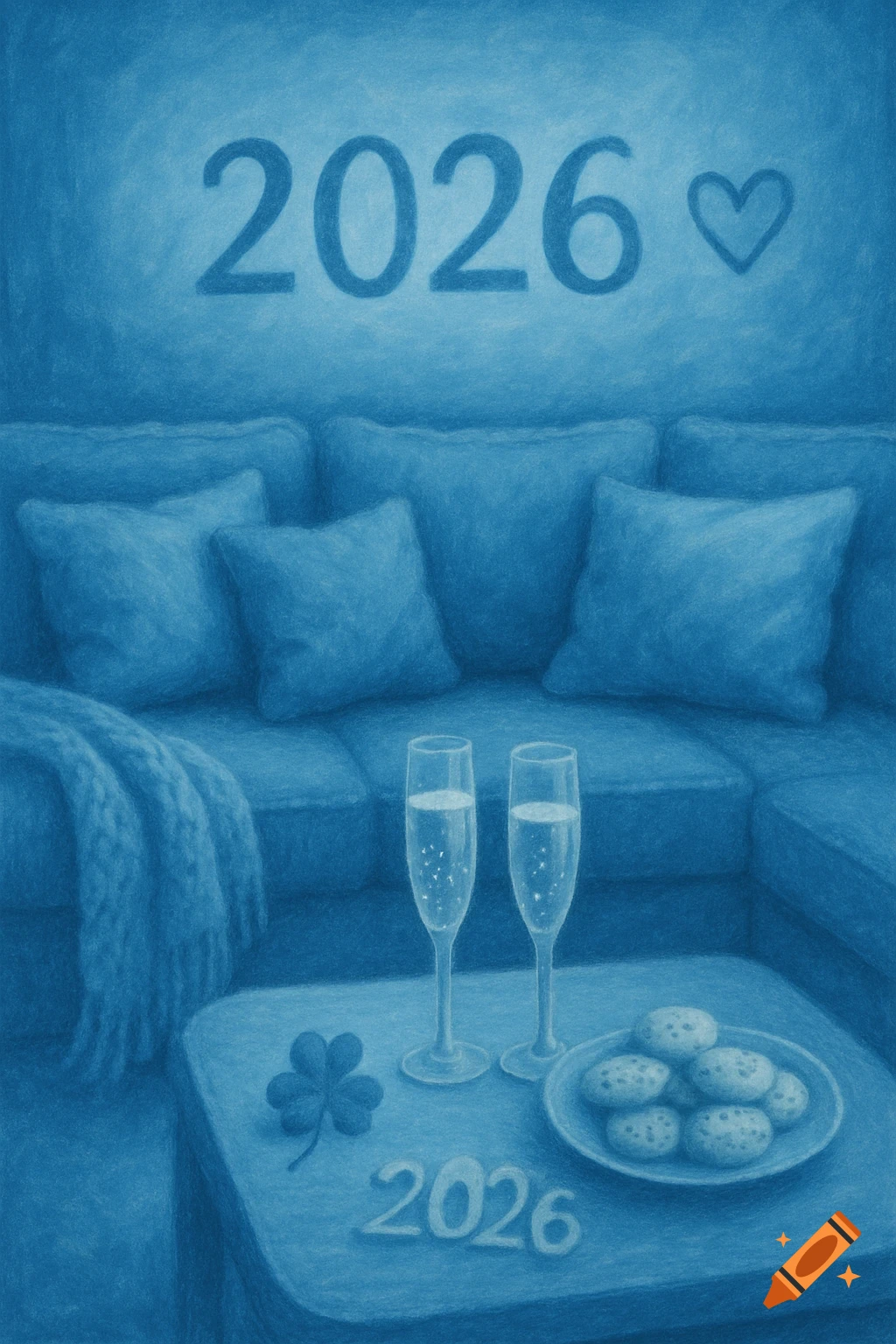 Blue-toned illustration of a cozy living room with a sofa, two champagne glasses, cookies, a shamrock, and '2026' text.