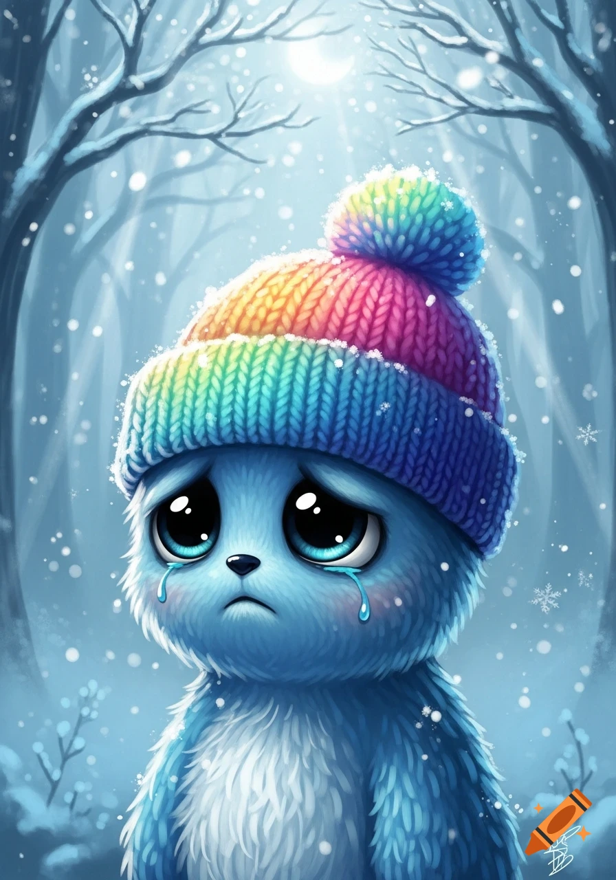 A sad, blue, fluffy creature with big tearful eyes wears a rainbow pom-pom hat in a snowy winter forest scene.