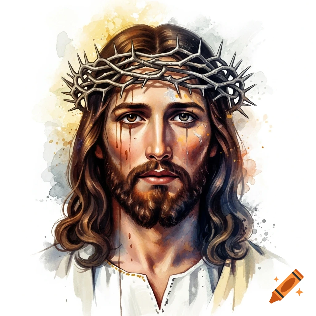 Watercolor portrait of Jesus with a crown of thorns and tear-like blood streaks on his face, blending multiple artistic styles.