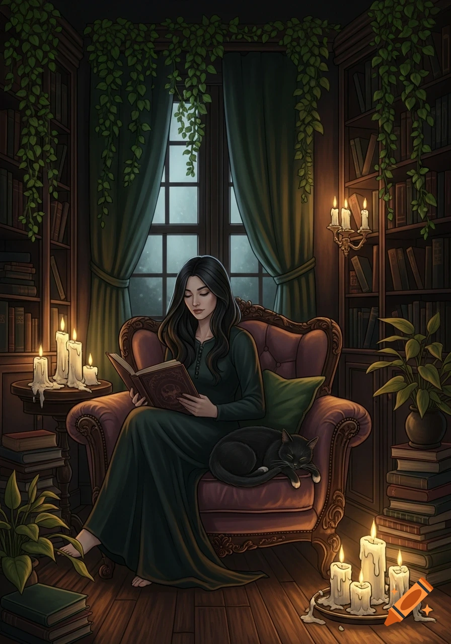 An illustration of a woman reading a book in a candlelit room, with a sleeping black cat on the armchair and bookshelves in the background.