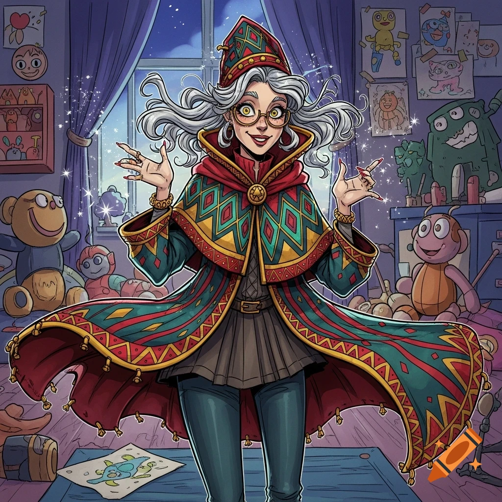 A whimsical, white-haired woman with glasses and a colorful patterned coat stands in a child's room, casting magic.