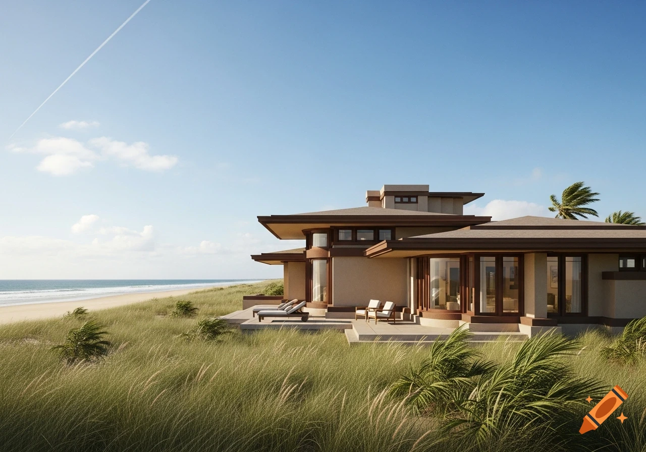 Photorealistic beach villa in Prairie School style nestled in sand dunes by the ocean under a clear sky.