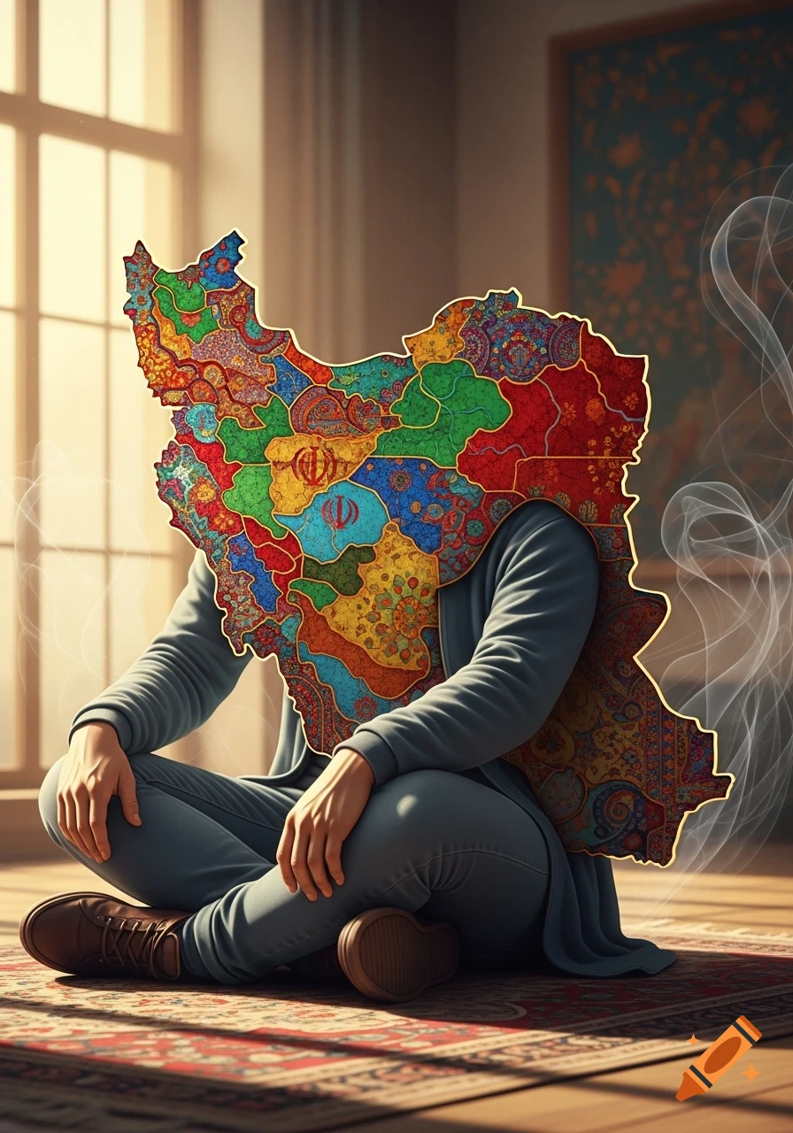 A person sits cross-legged on a patterned rug, facing forward with a vibrant, decorative map of Iran as their head.