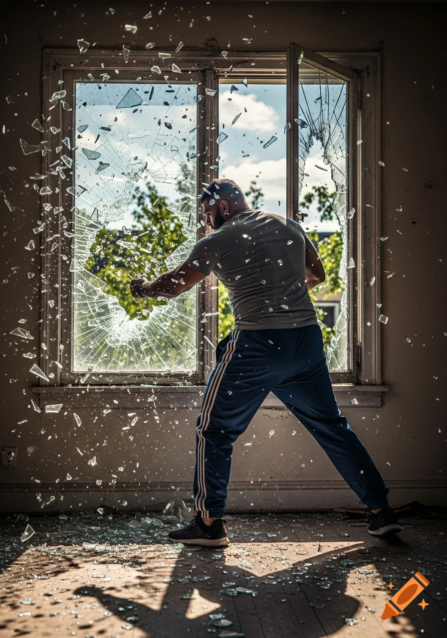 A man in a t-shirt and track pants punches through a window in an abandoned house, sending glass shards flying. Photorealistic.