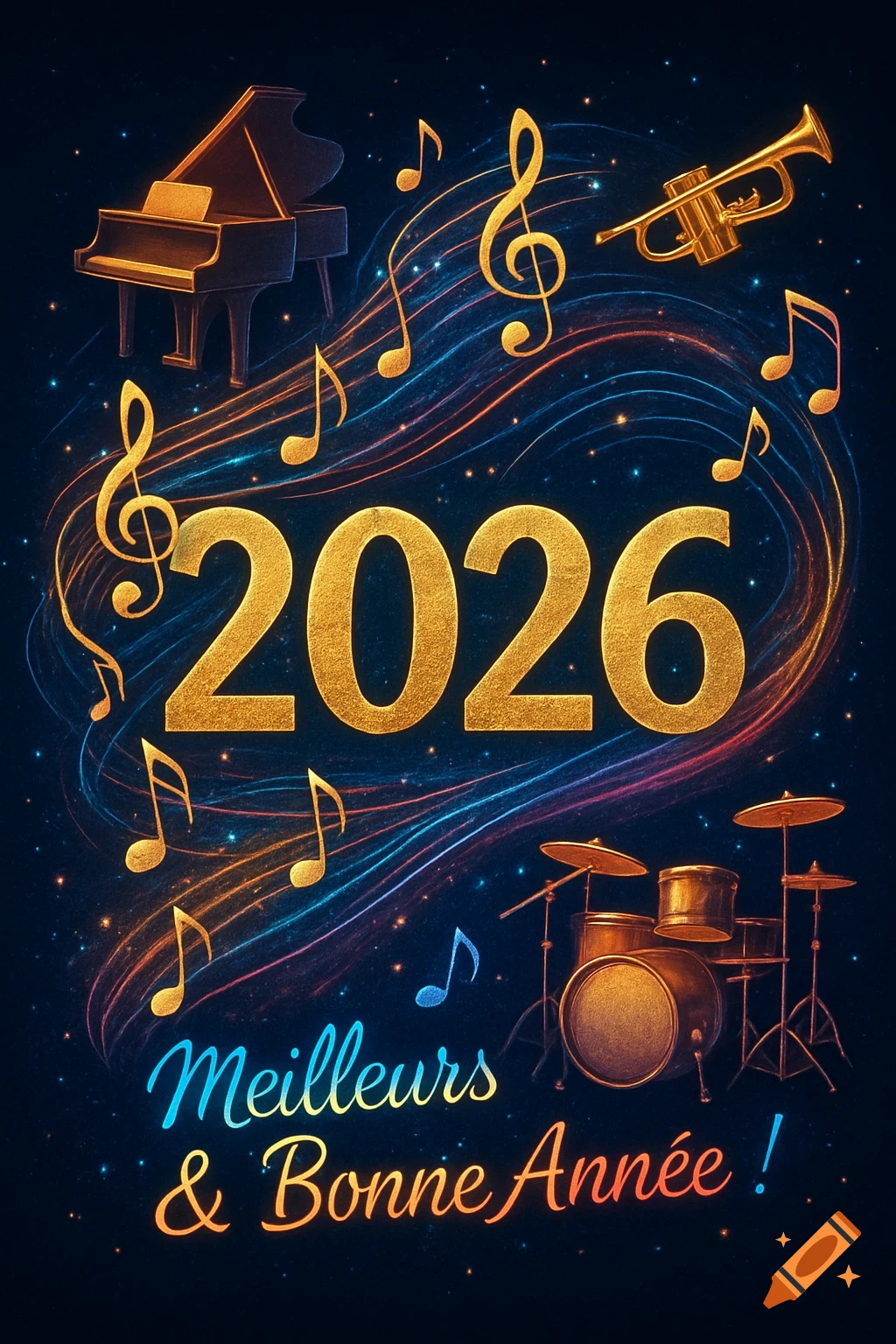 A festive New Year 2026 greeting card with golden musical notes, a piano, trumpet, and drum kit, surrounded by sparkling colorful light trails on a dark background. Text reads 'Meilleurs & Bonne Année!'.