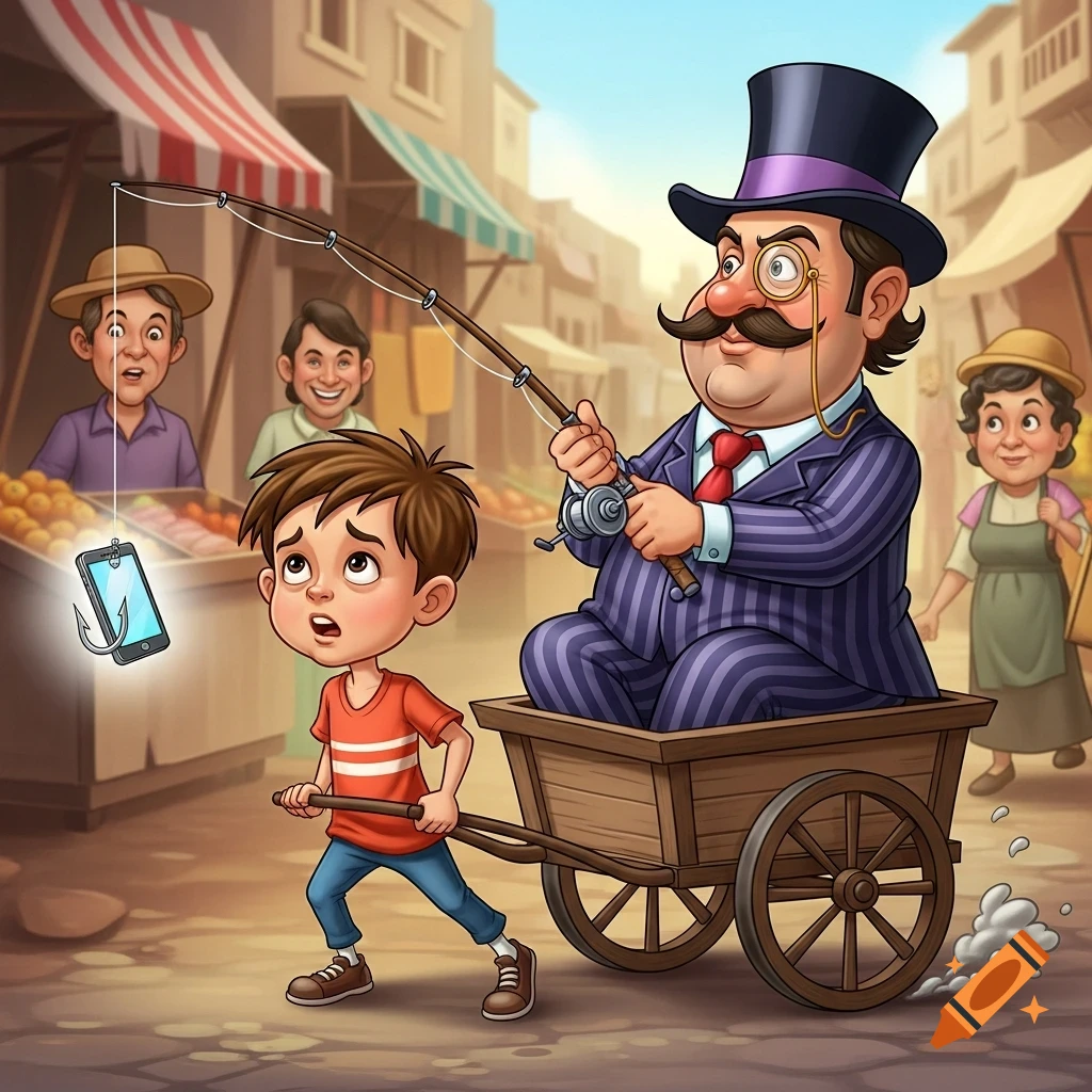 Cartoon of a boy pulling a cart carrying a rich man who dangles a mobile phone on a fishing rod, in a market.