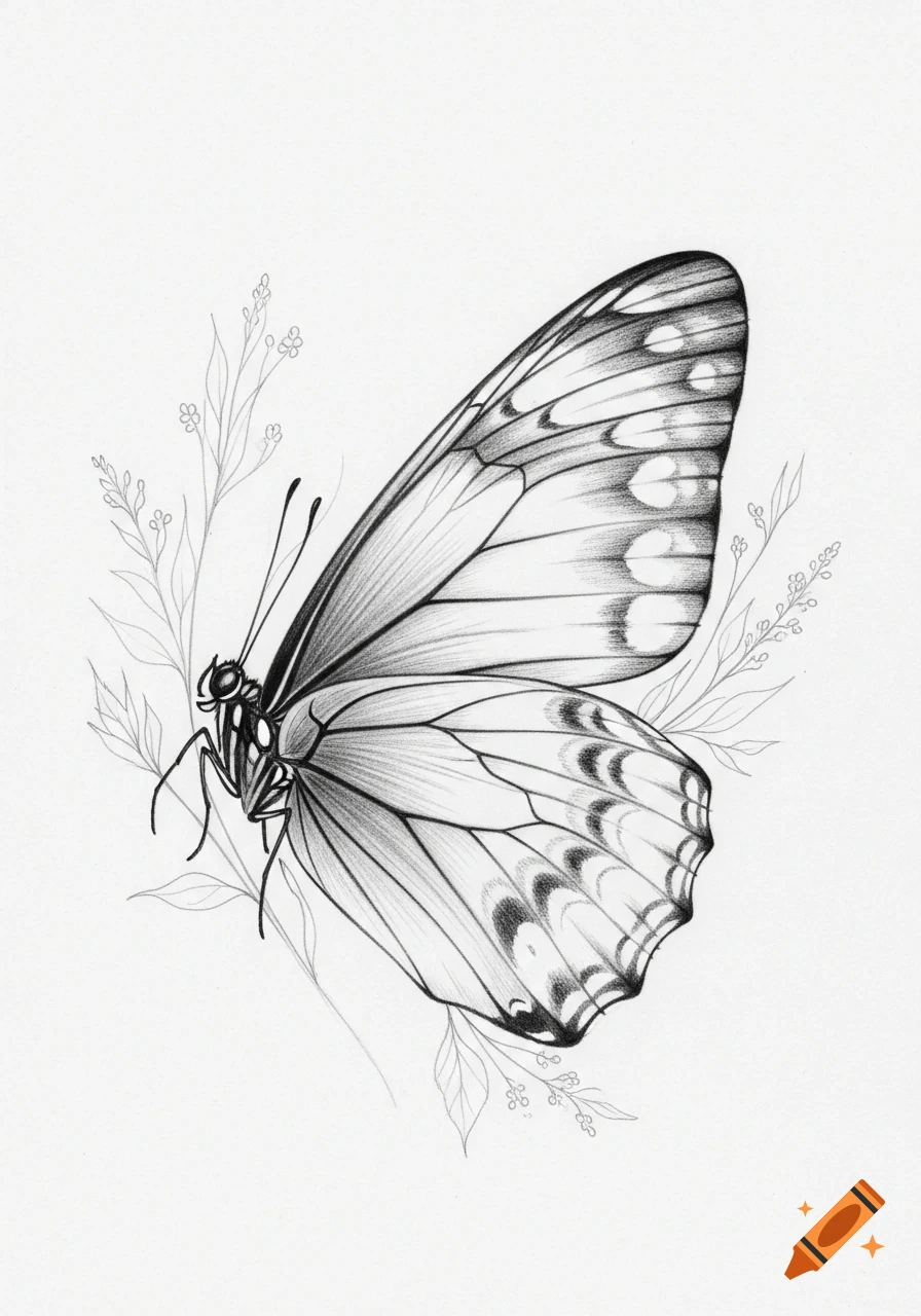 Detailed pencil drawing of a butterfly with spread wings, accompanied by delicate botanical line art on a white background.