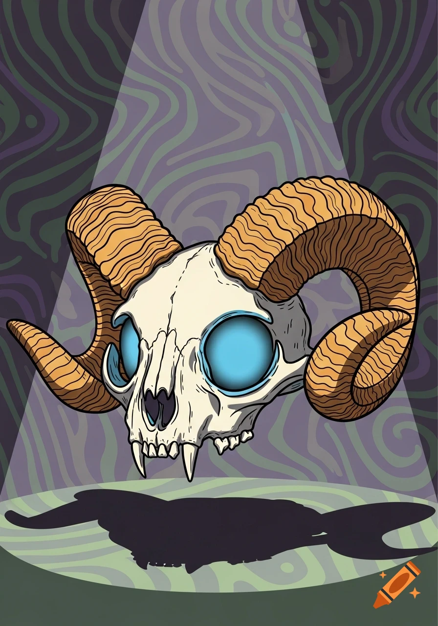 A stylized cat skull with large ram horns and glowing blue eyes, casting a shadow, in a comic art style.