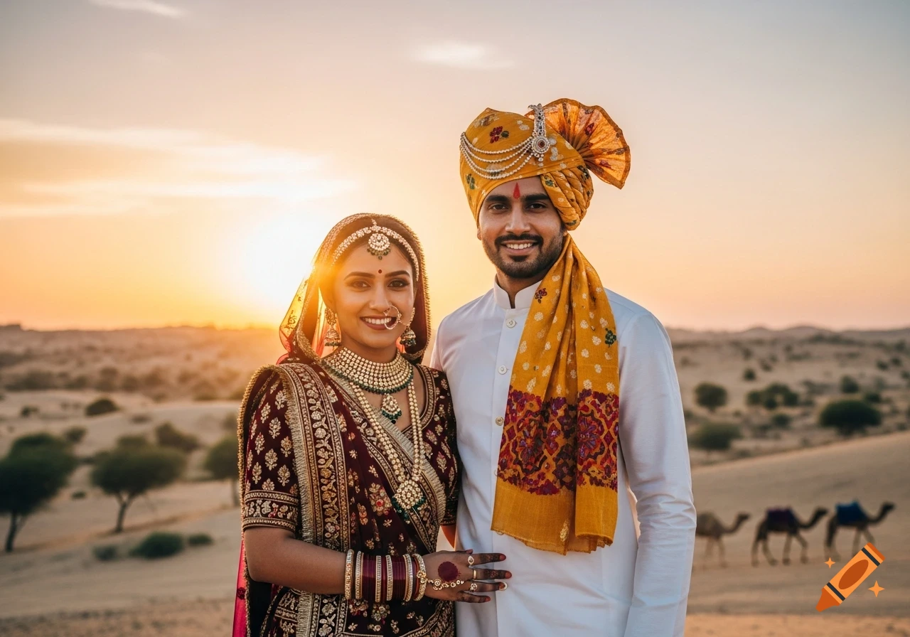 A smiling Rajasthani couple in traditional attire stands in a desert at sunset with camels in the distance.