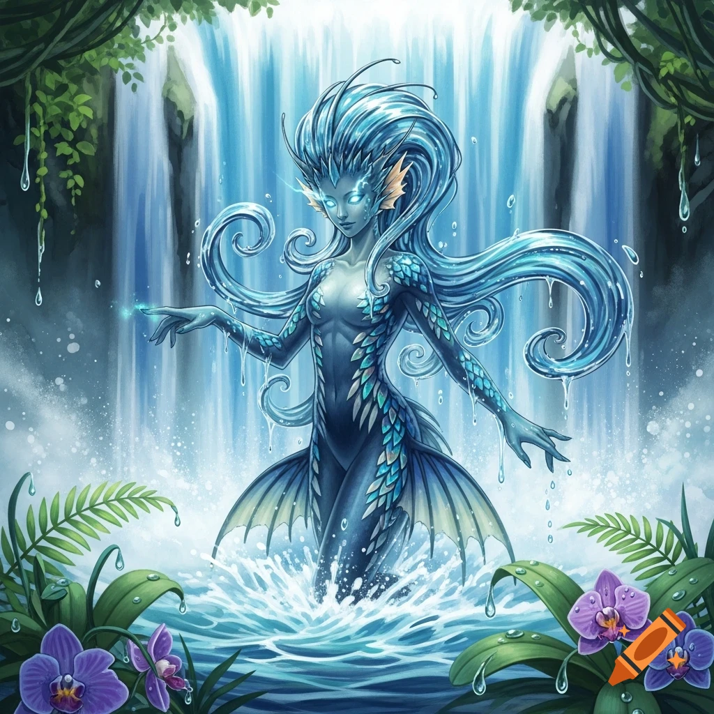 A blue-skinned, water-like mythological creature with glowing eyes and fins stands in a waterfall, surrounded by lush green plants and purple orchids, in an illustration style.