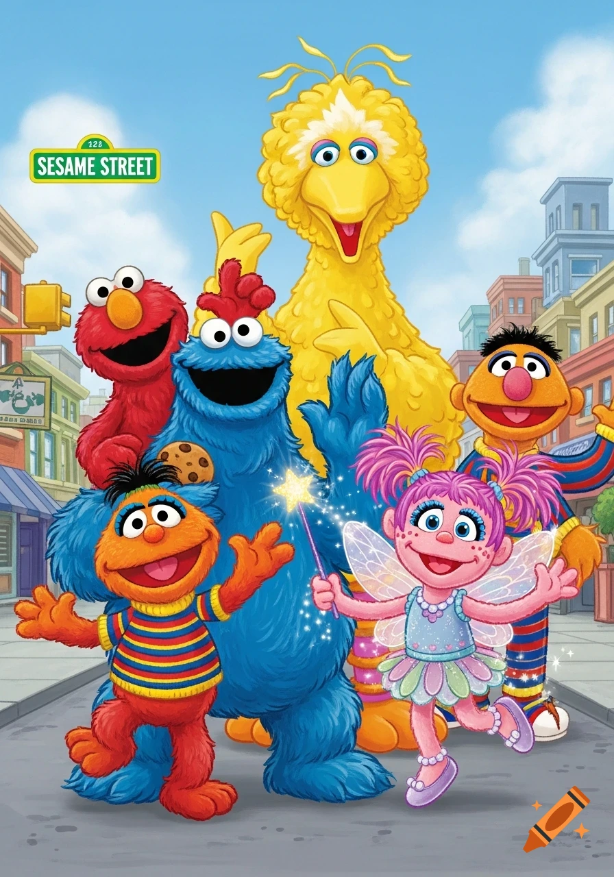 Elmo, Cookie Monster, Abby, Zoe, Big Bird, and Bert smile together on Sesame Street in a vibrant cartoon illustration.