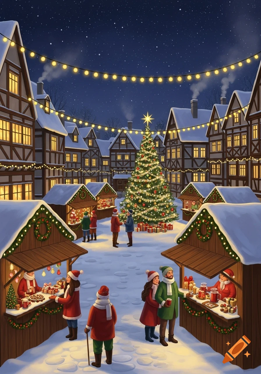 Illustrated Christmas market in a snowy town square at night, with a decorated tree, vendor stalls, people, and string lights.