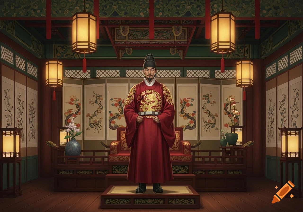 A man dressed as a Joseon King in a red royal robe with a golden dragon emblem stands in an ornate traditional Korean room with lanterns and decorative screens.