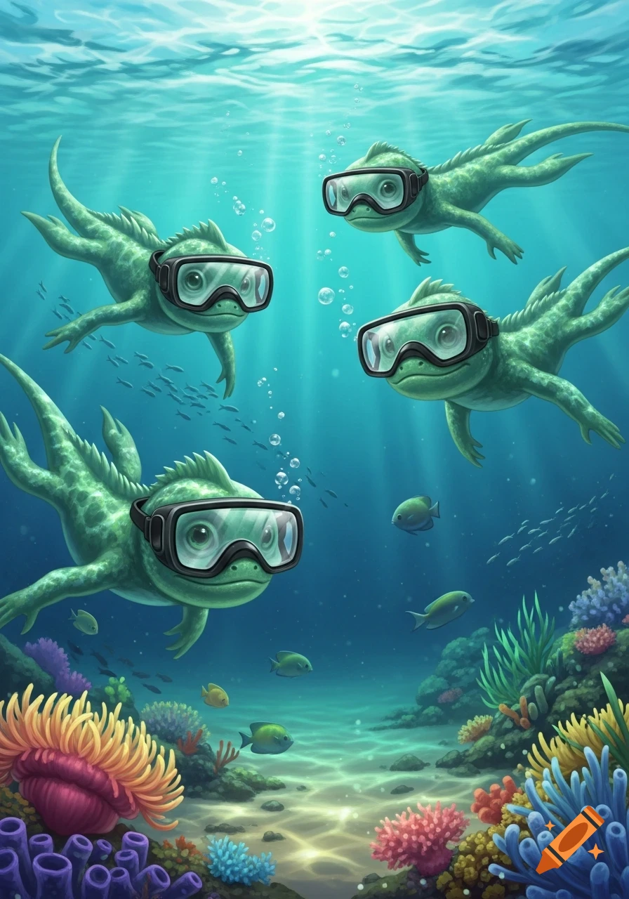 Four green lizard-like creatures with large eyes wear goggles and swim underwater among colorful coral and small fish.