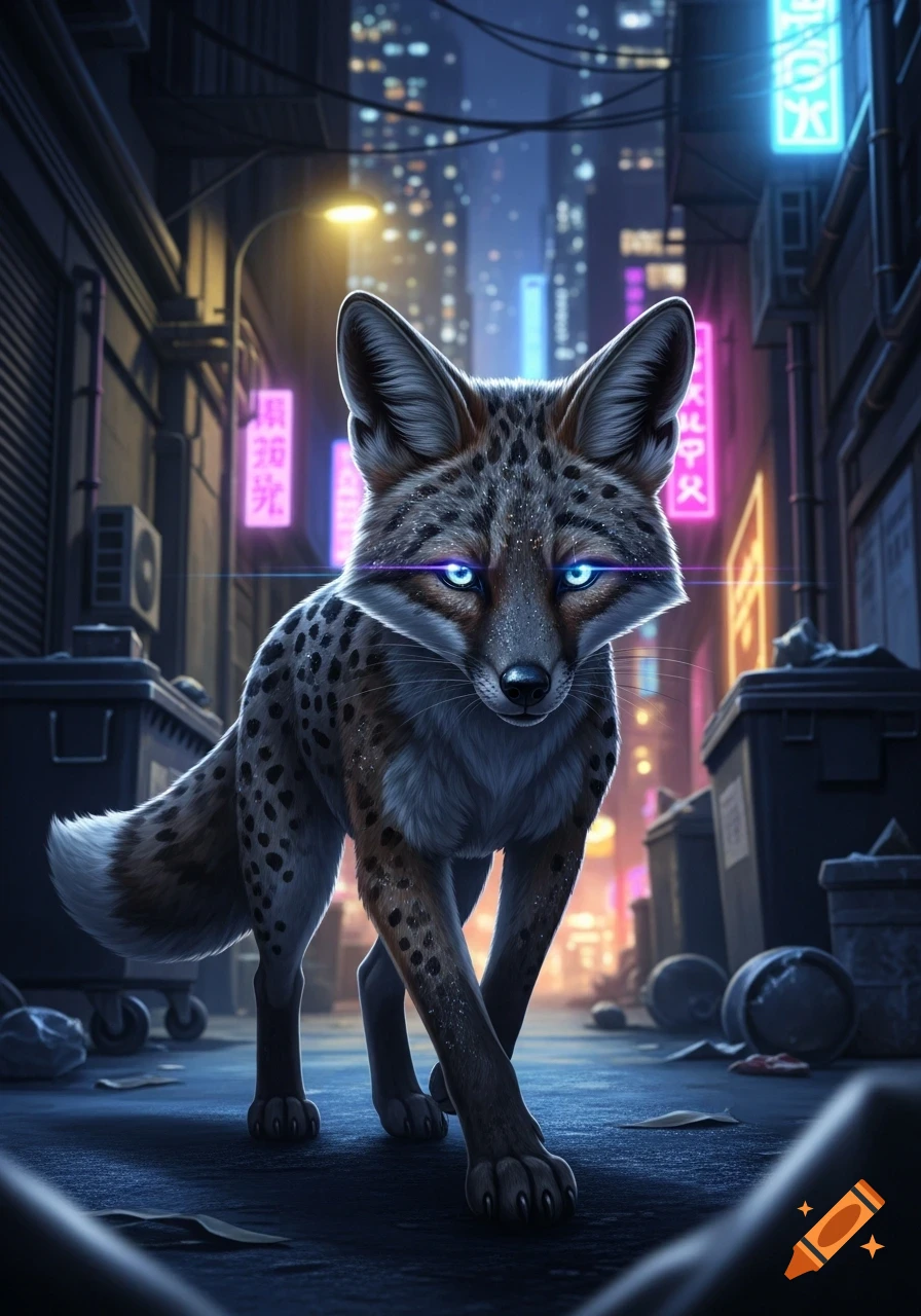 A spotted, fox-like creature with glowing blue eyes walks stealthily through a neon-lit futuristic city alley at night.