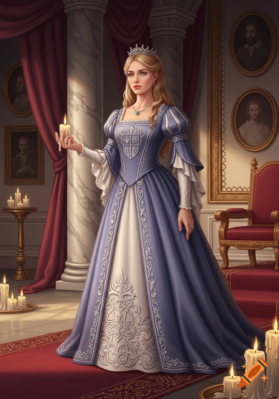 Elegant young woman in a blue and white regal gown holding a lit candle in an opulent palace room with columns and portraits.