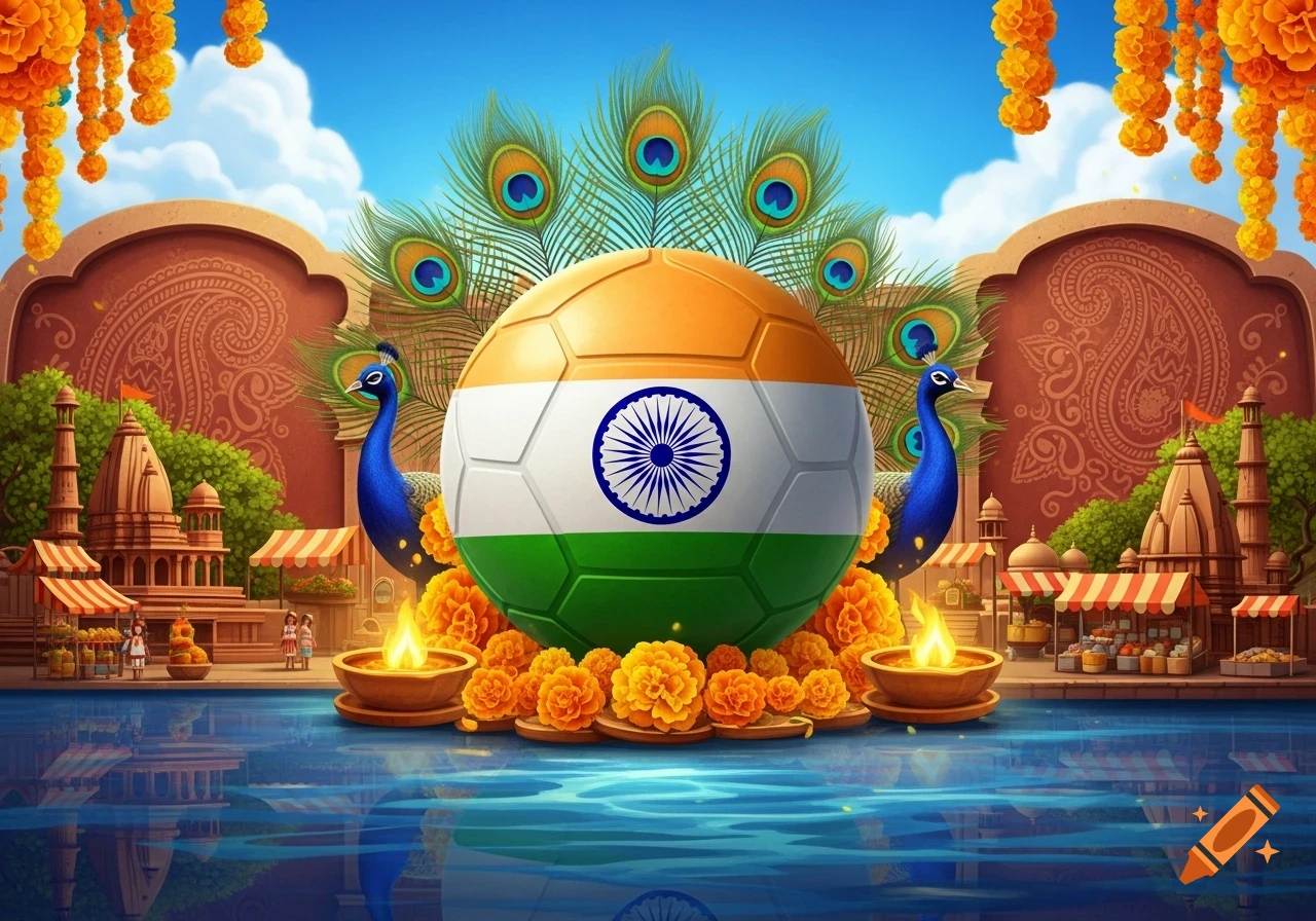 A vibrant illustration of an Indian flag soccer ball flanked by peacocks, marigold garlands, temples, and diyas, reflected in water.