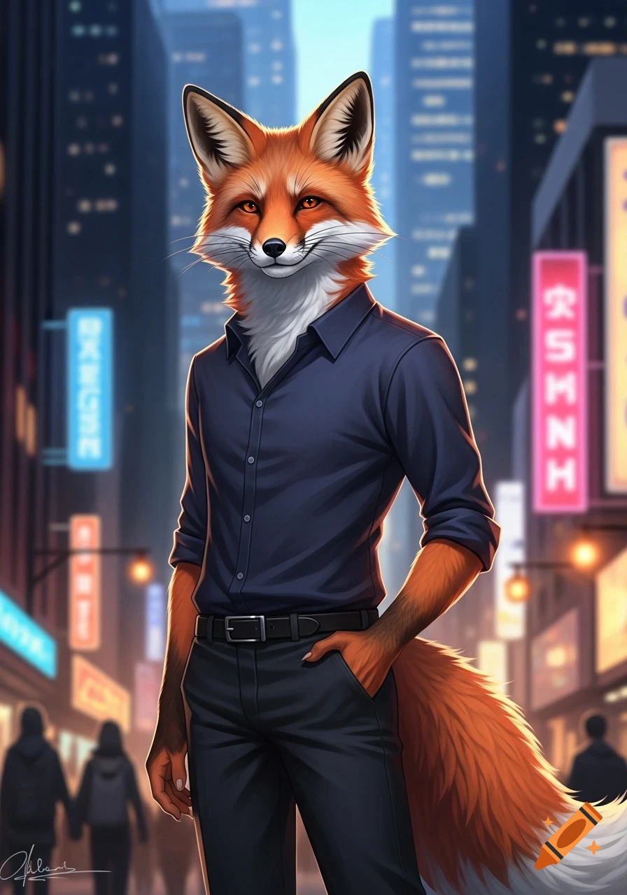 An anthropomorphic fox-man in a dark blue shirt and pants stands on a neon-lit city street at night, looking confident. Digital art.