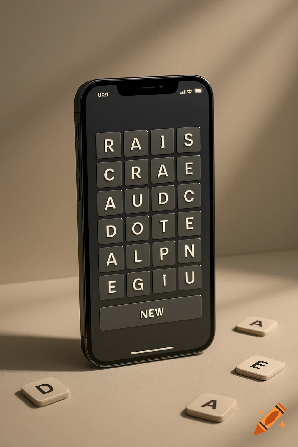 A black iPhone displays a word game with a letter grid and a 'NEW' button, with loose letter tiles on a beige surface.