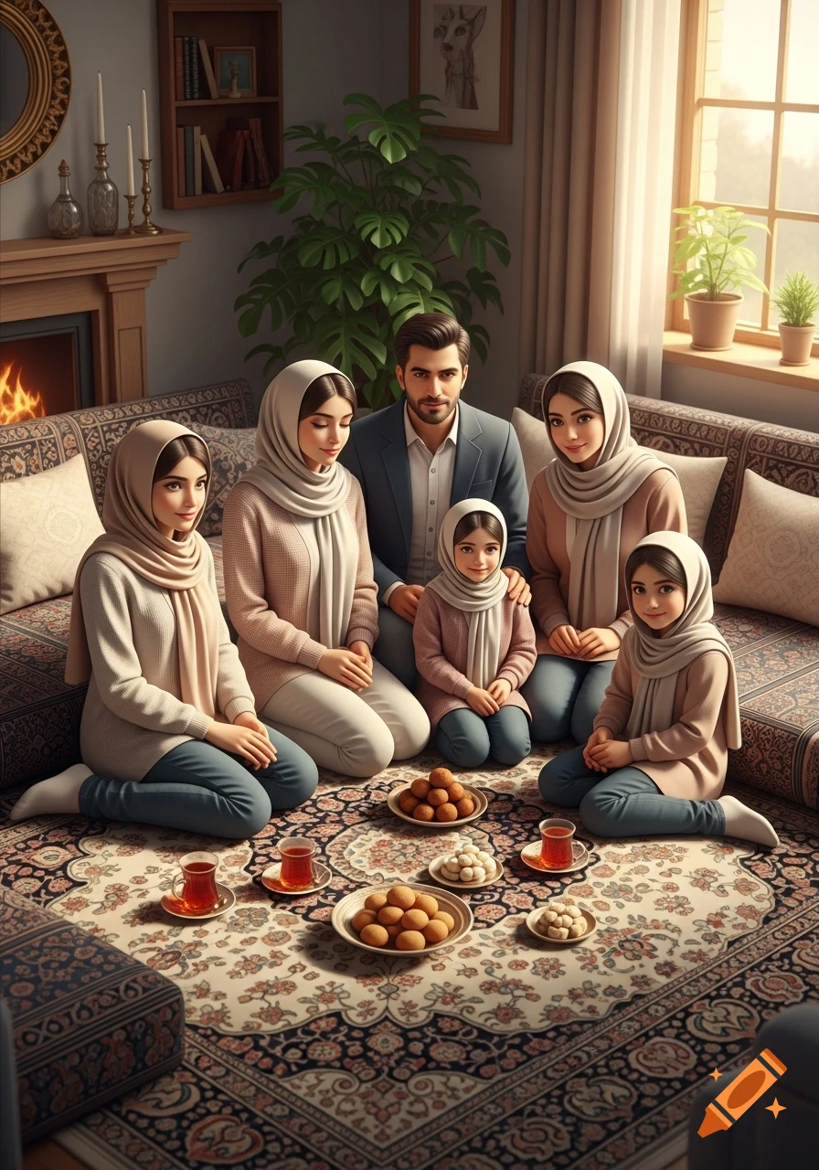 An Iranian family with parents and four daughters in hijabs sit on a Persian carpet, enjoying tea and sweets in a cozy home.