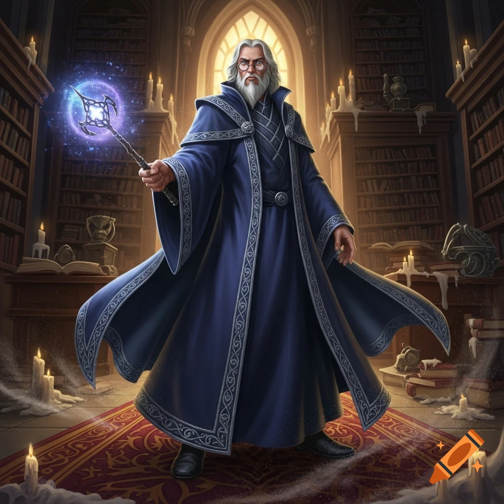 An old wizard with a long white beard and round glasses stands in a candlelit library, wearing a flowing blue robe and holding a glowing staff.