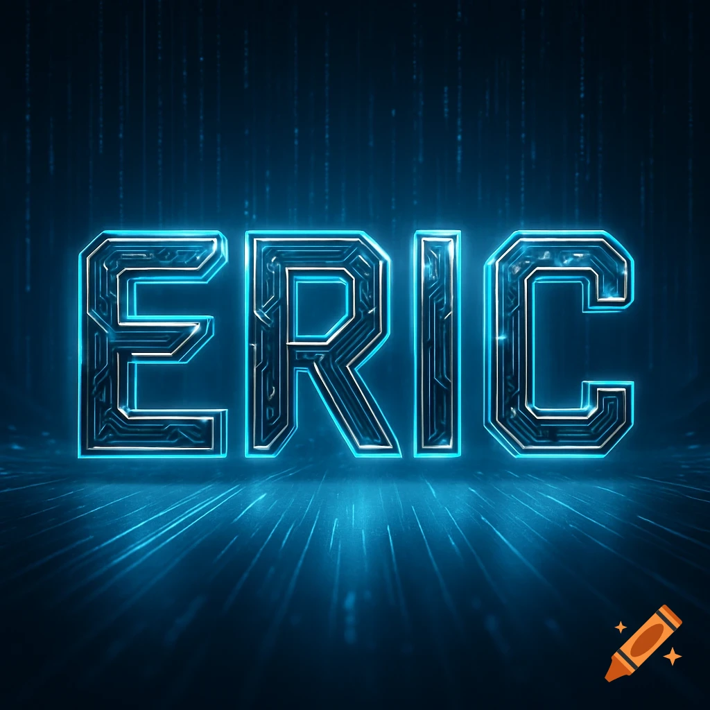 The word ERIC in glowing blue futuristic circuit board style on a dark digital background with light streaks.