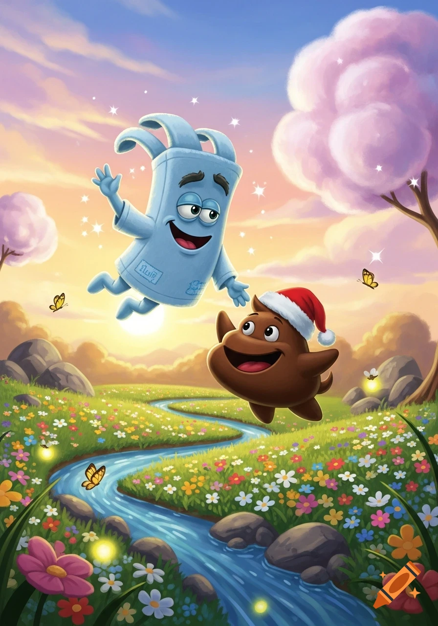 A whimsical illustration of a blue, towel-like creature and a brown, poop-like creature wearing a Santa hat, flying over a vibrant meadow with a river at sunset.