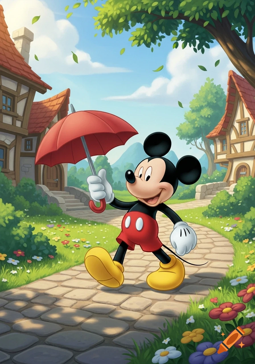 Mickey Mouse walks on a cobblestone path holding a red umbrella, surrounded by flowers and quaint village houses under a blue sky.