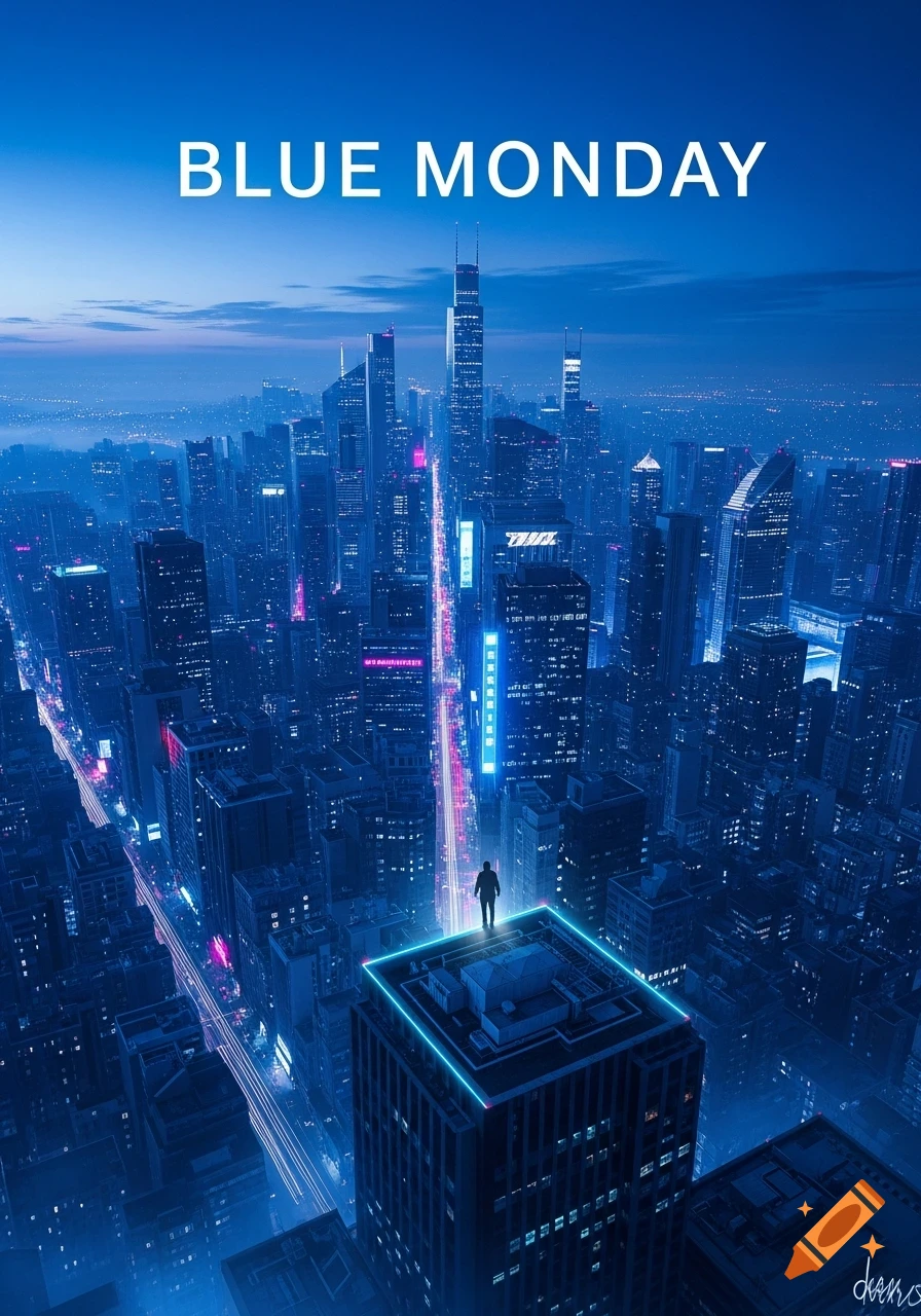 High-angle view of a sprawling blue-hued futuristic city at dusk, with a lone figure standing on a glowing rooftop. The text 'BLUE MONDAY' is at the top.