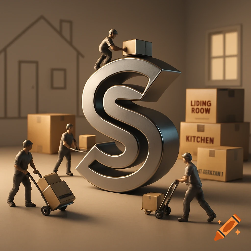 Miniature workmen move cardboard boxes around a large 3D metallic 'S' logo inside a house outline, with some boxes labeled.