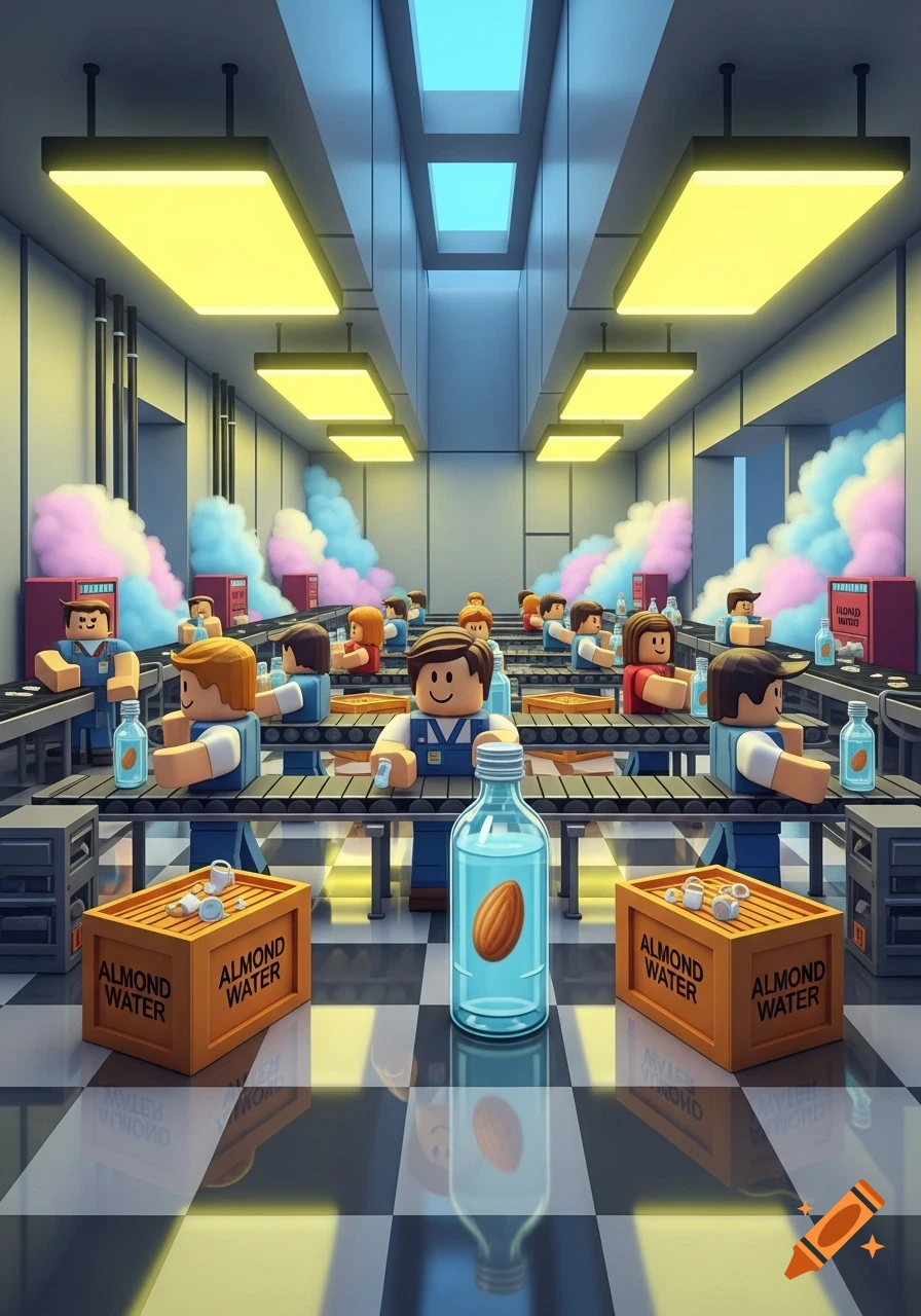 A Roblox-style factory with blocky workers on an assembly line, bottling almond water. Fluffy pink and blue clouds are along the walls.